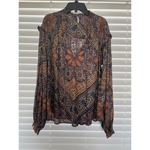 Free People Runaway Split Neck Tie Long Sleeve Blouse